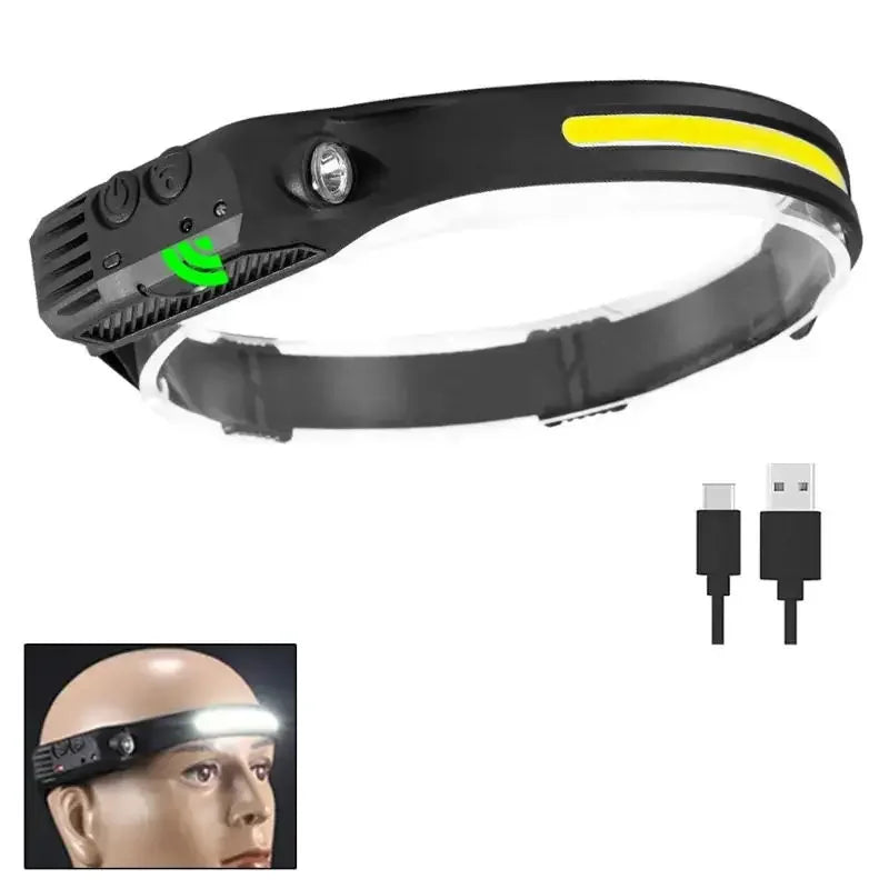 Induction LED Headlamp COB Wide Beam Wave Sensor Head Lamp With 5 Modes USB Rechargeable For Running Camping Portable Head Torch